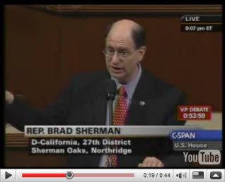 Rep. Brad Sherman (D-ca) discloses threats made to members of Congress that martial law would be declared if Congress did not pass the Bush Administration's demand for a $700 billion bank bailout during the final days of George Bushs occupation of the White House as president.